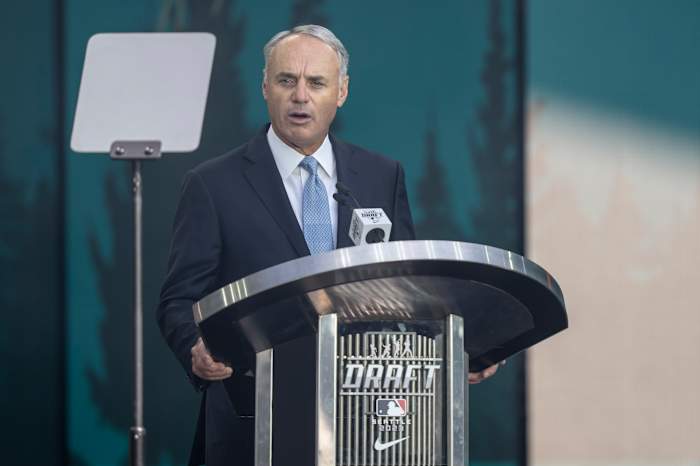 Jul 9, 2023; Seattle, Washington, USA; MLB commissioner Rob Manfred speaks during the first round of the MLB Draft at Lumen Field. Mandatory Credit: Stephen Brashear-USA TODAY Sports